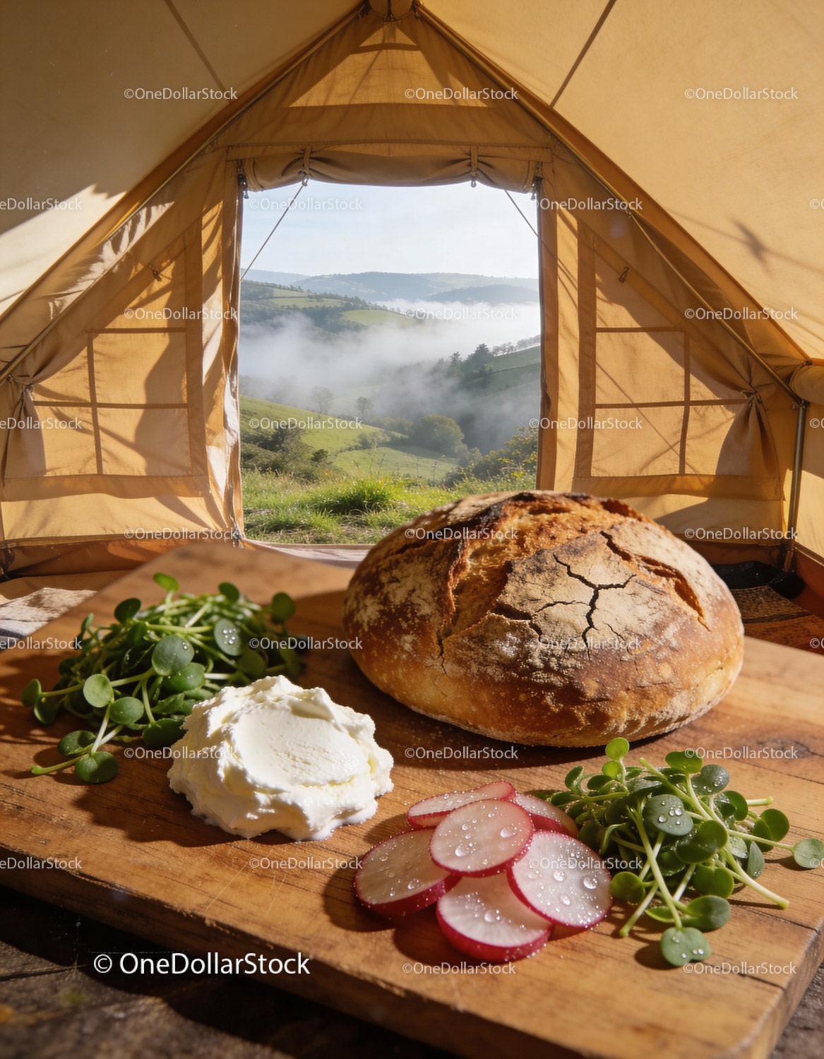 Rustic bread with cream cheese and radishes in tent camping