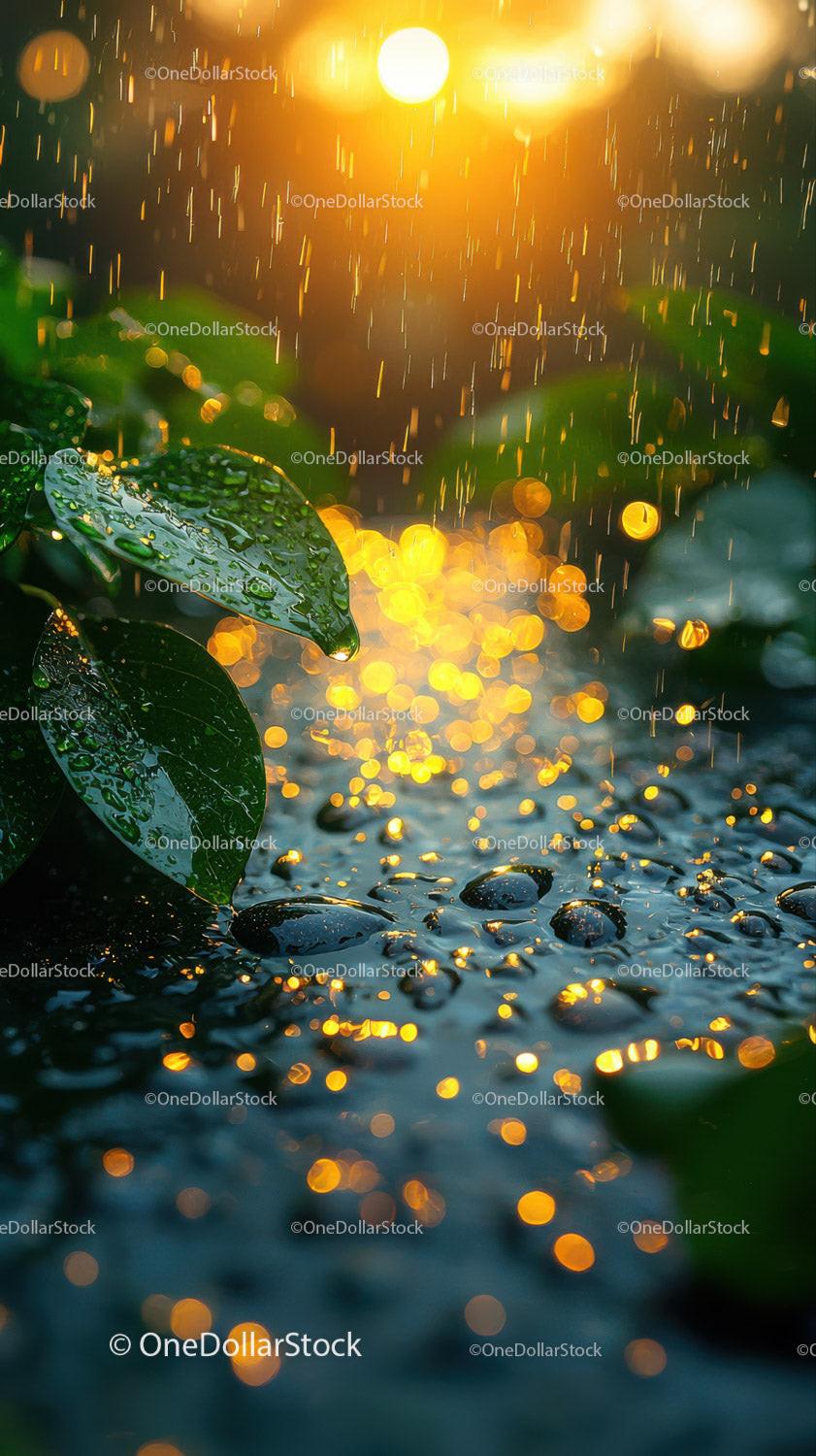 Sunset Rain Shower on Green Leaves with Water Droplets and Bokeh