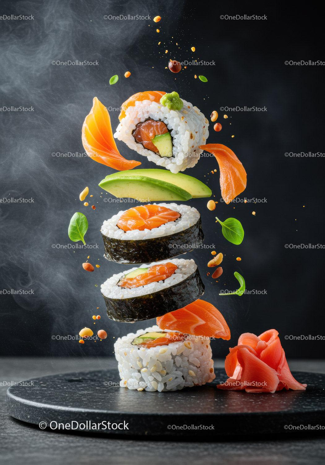 Floating salmon sushi rolls with avocado and fresh leaves