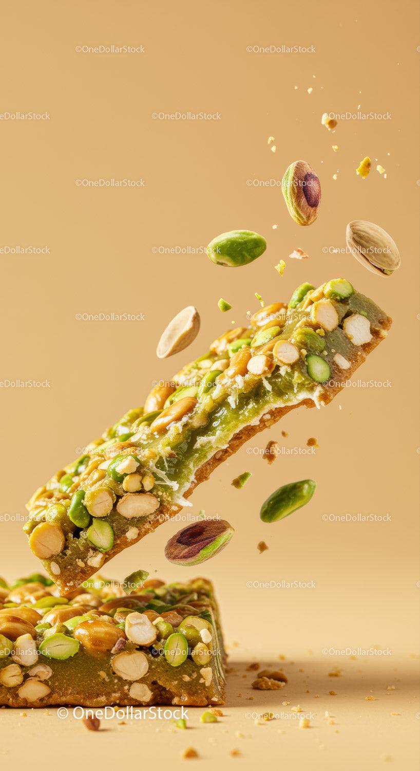 Closeup of pistachio nut brittle sweets in mid air