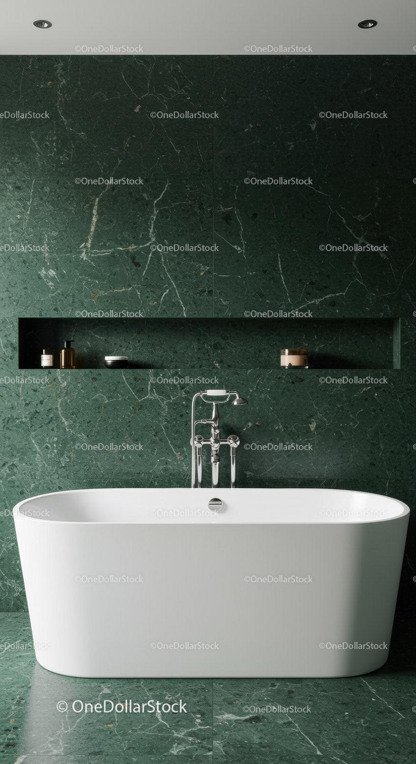 Elegant Modern Bathroom with Green Marble Wall and Freestanding Bathtub