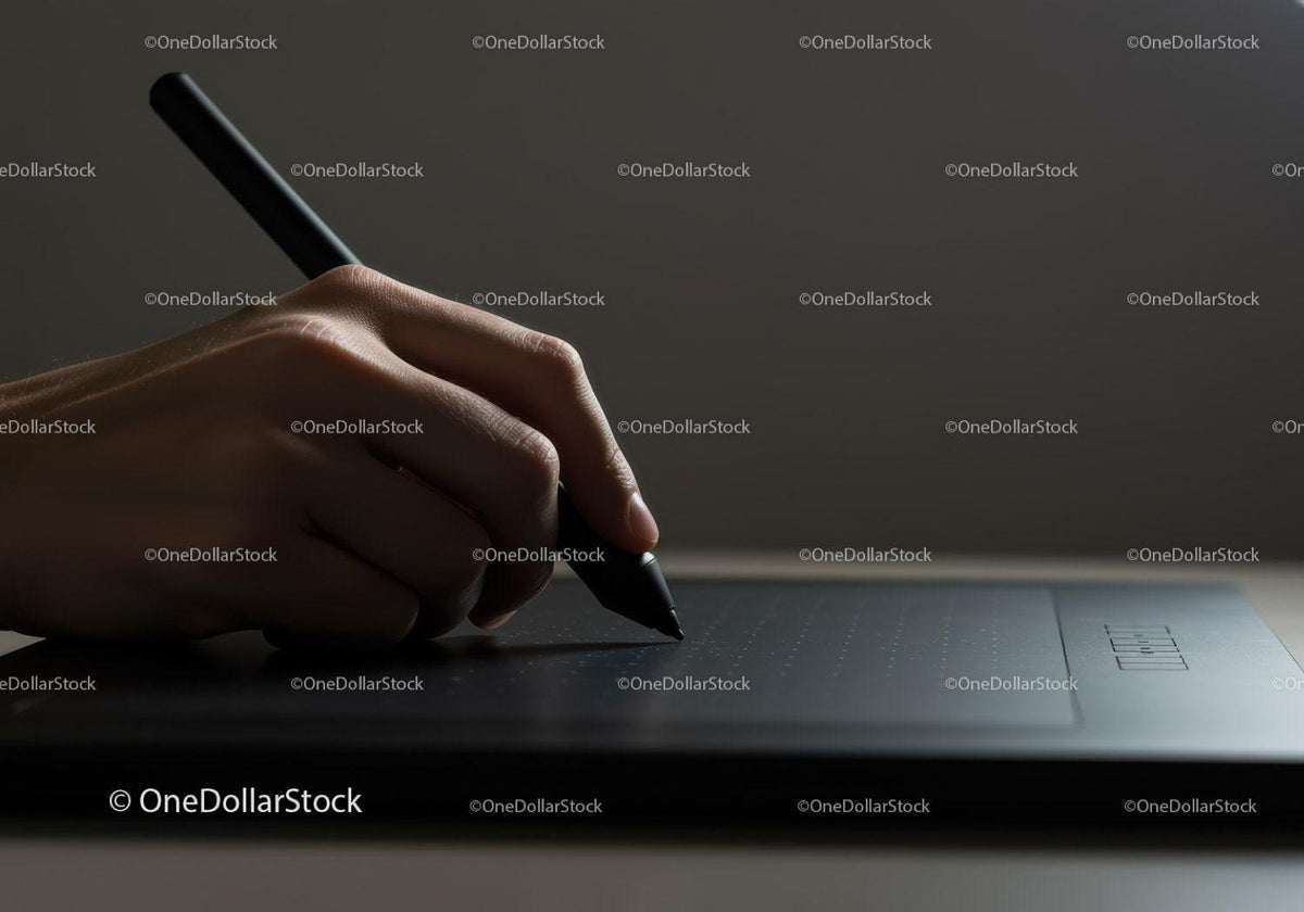 Hand Holding Stylus on Digital Drawing Tablet for Creative Art