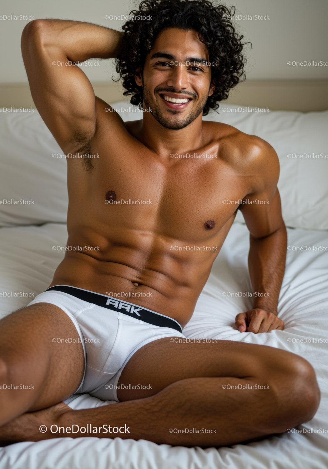 Smiling young man relaxing on bed in white underwear