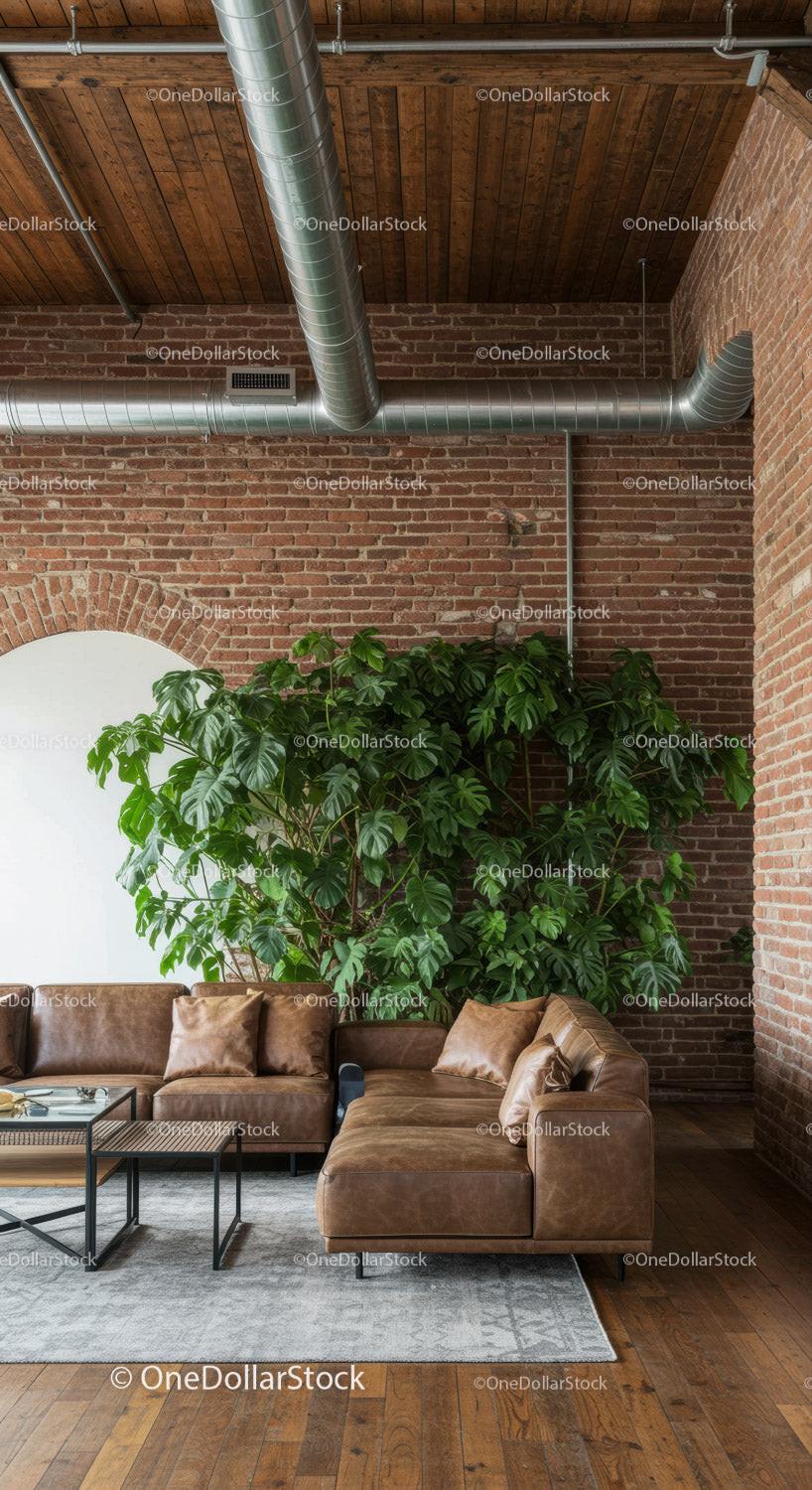 Modern Loft with Brick Wall, Leather Couch, Large Green Plant and Urban Decor