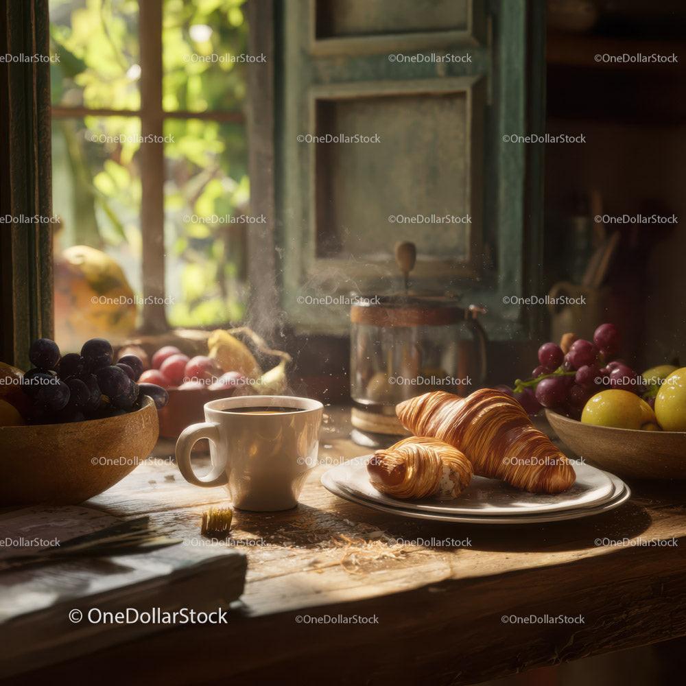 Cozy Morning Breakfast Scene with Croissants and Fresh Fruit