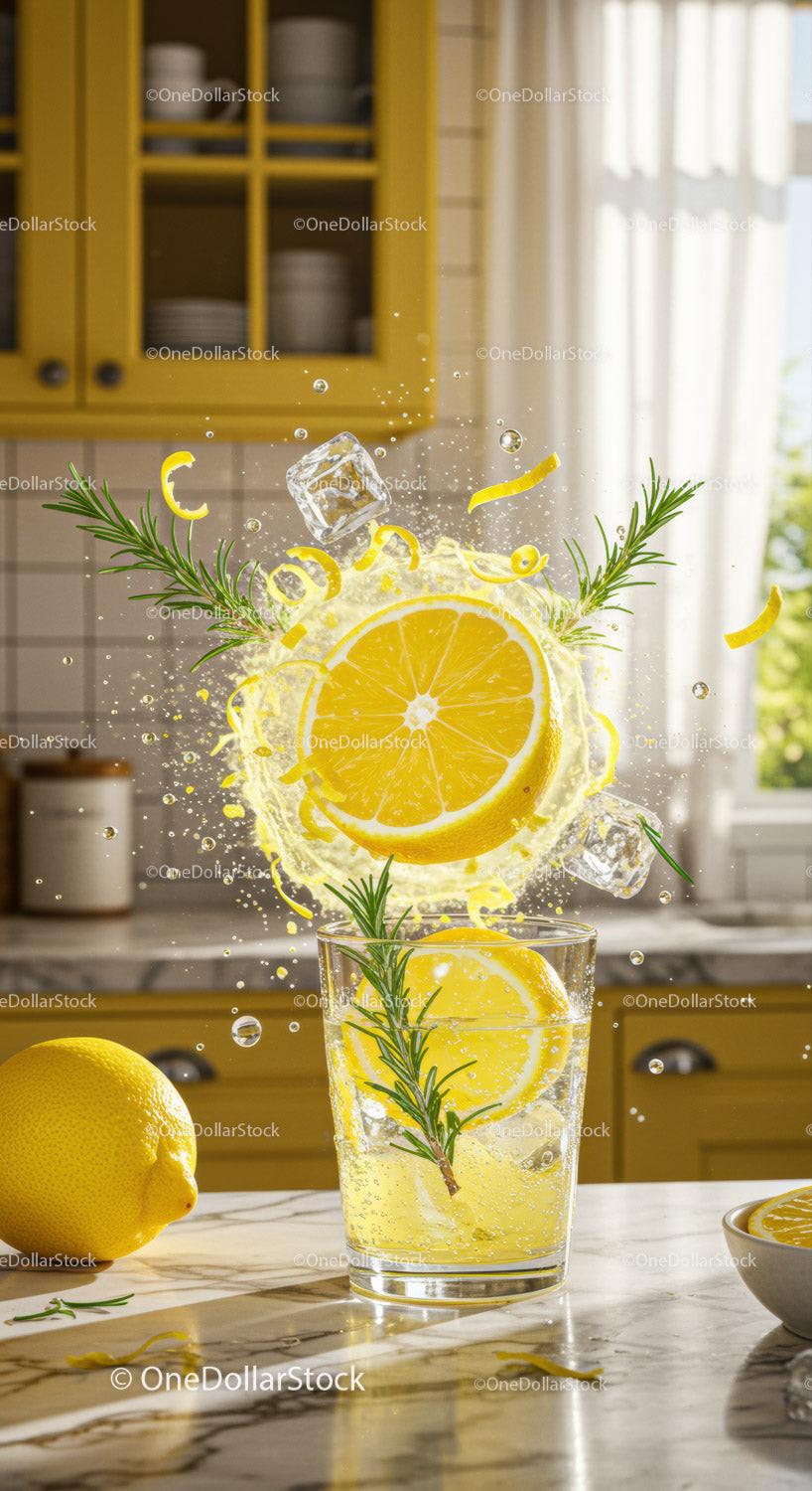 Refreshing lemon and rosemary sparkling water splash