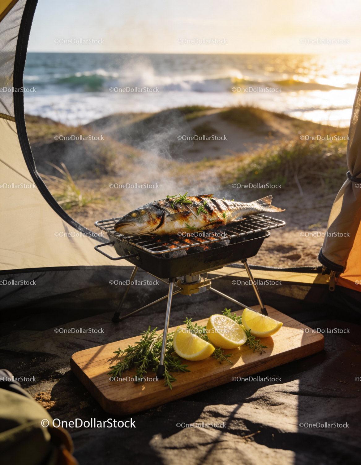 Grilled whole fish with lemon by the seaside campfire