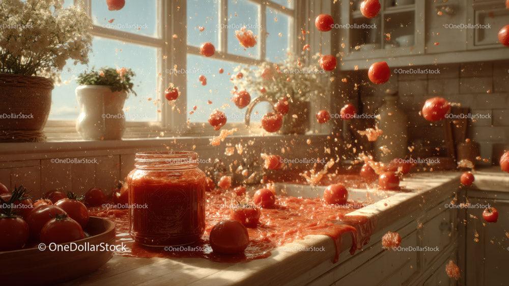 Dynamic Tomato Splash in Sunlit Kitchen Setting