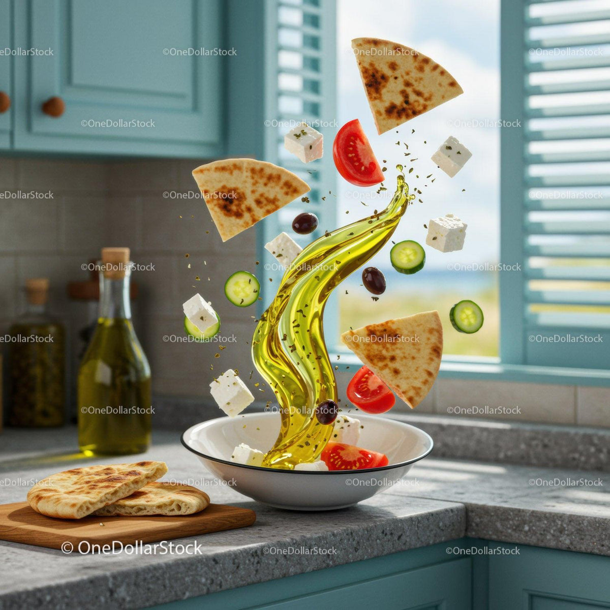 Mediterranean ingredients floating over white bowl in kitchen