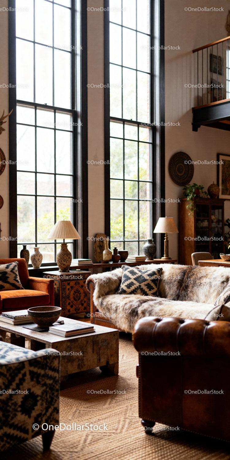 Cozy rustic living room with large windows and natural light