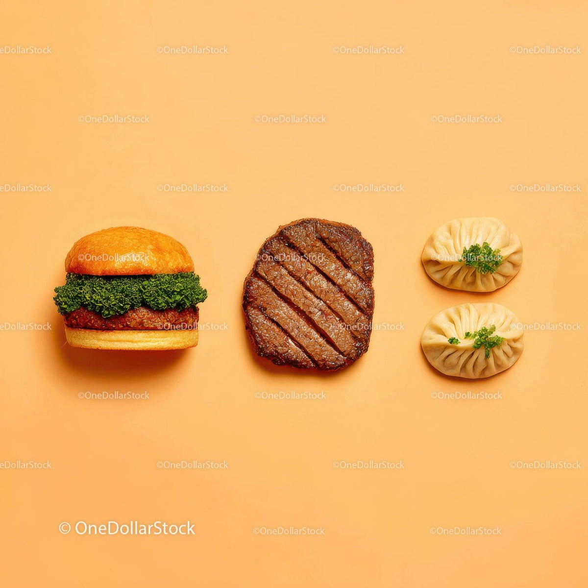 Gourmet Burger with Lettuce and Tomato Next to Grilled Steak and Dumpling Stock Photo Bundle preview 10