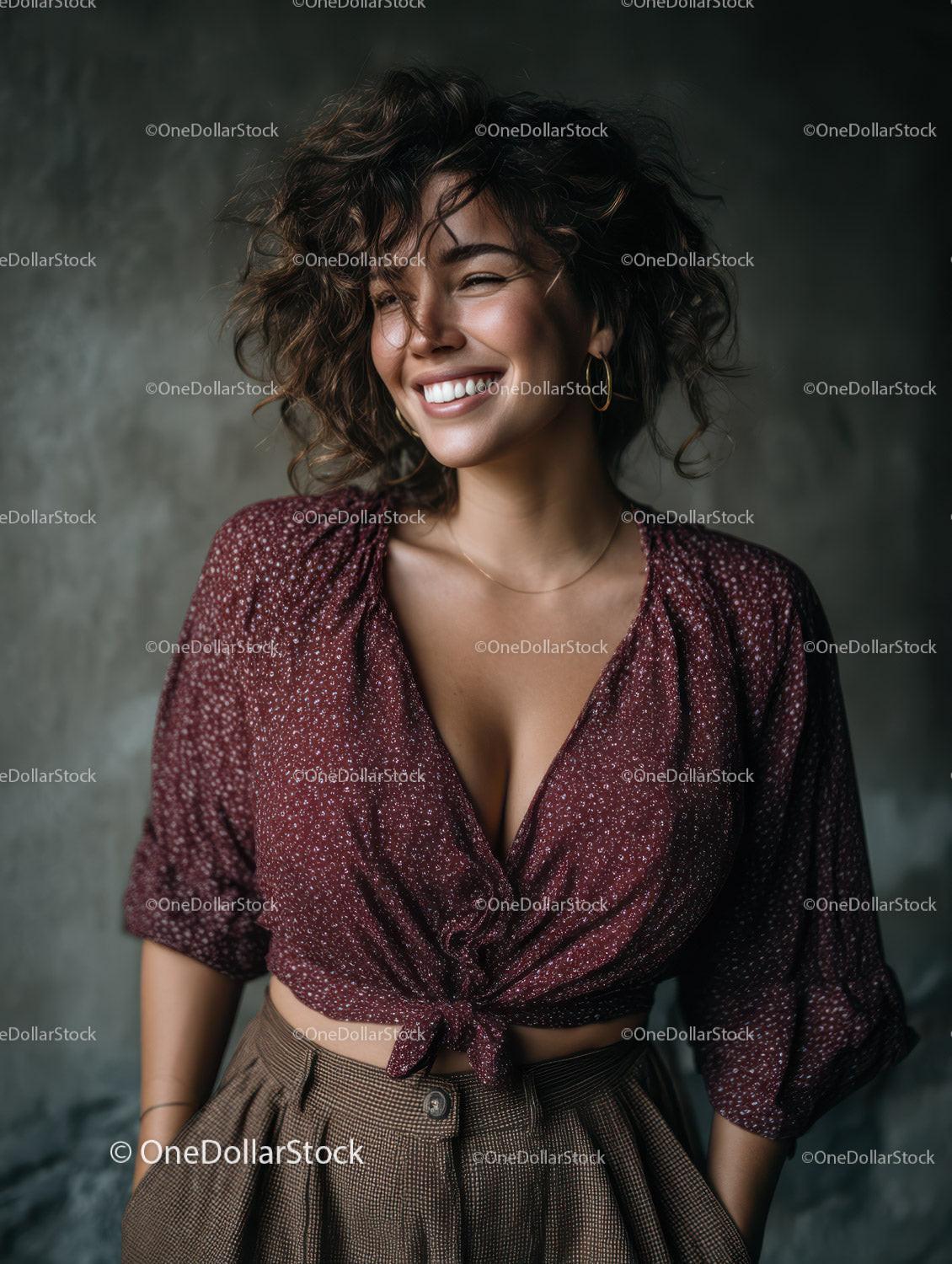 Joyful Woman with Curly Hair Wearing Stylish Outfit in Studio