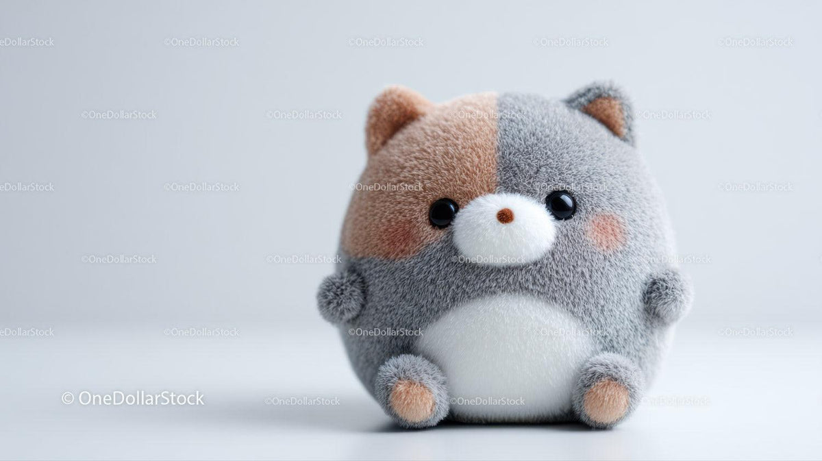 Round plush cat toy with half brown and half gray fur and white belly on light background