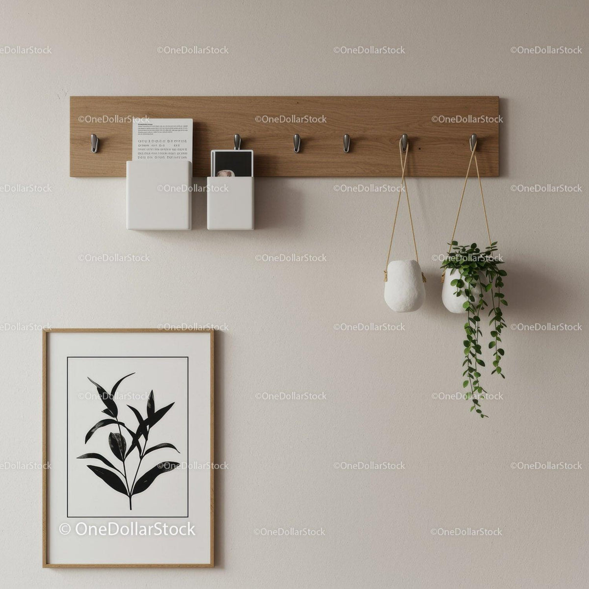 Modern Interior Wall Decor with Wooden Hooks and Hanging Plants