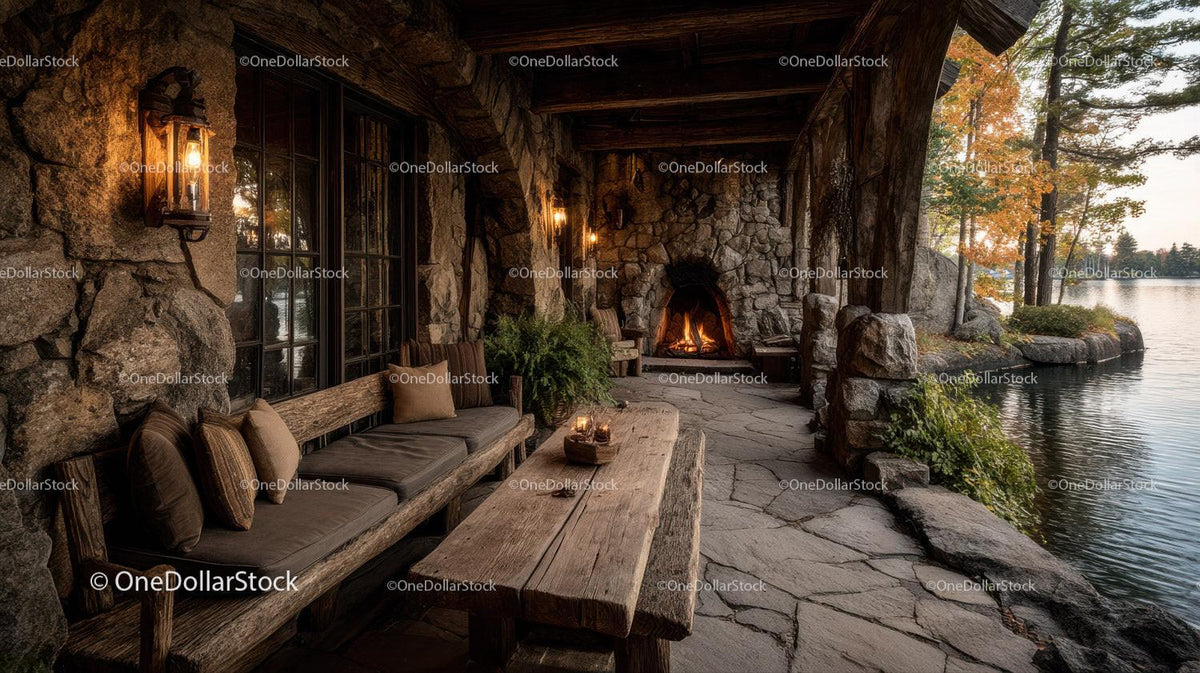Rustic Lakeside Porch with Firepit and Autumn Foliage