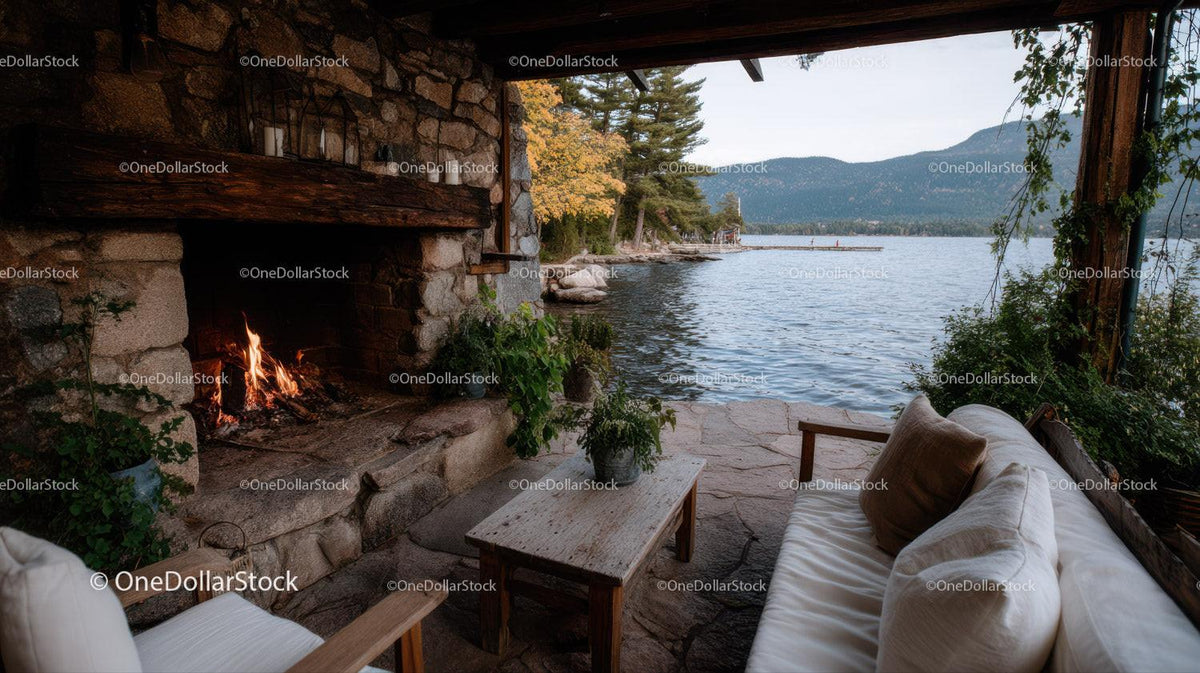 Cozy Riverside Cabin With Fireplace Overlooking Mountain Landscape Stock Photo Bundle preview 27