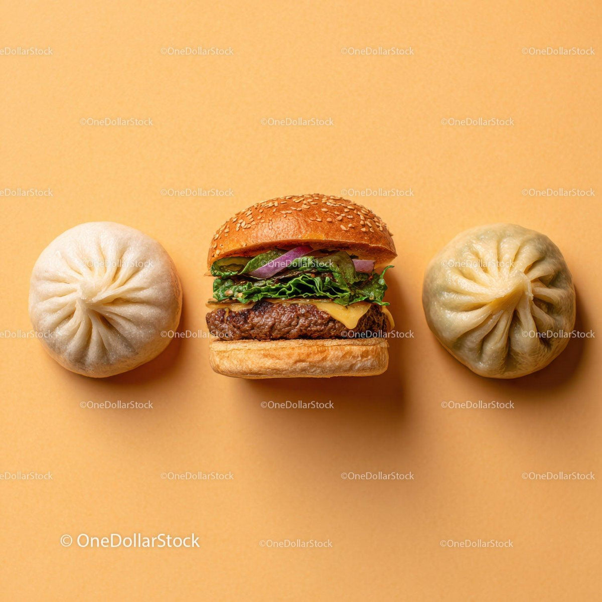 Gourmet Burger with Lettuce and Tomato Next to Grilled Steak and Dumpling Stock Photo Bundle preview 7