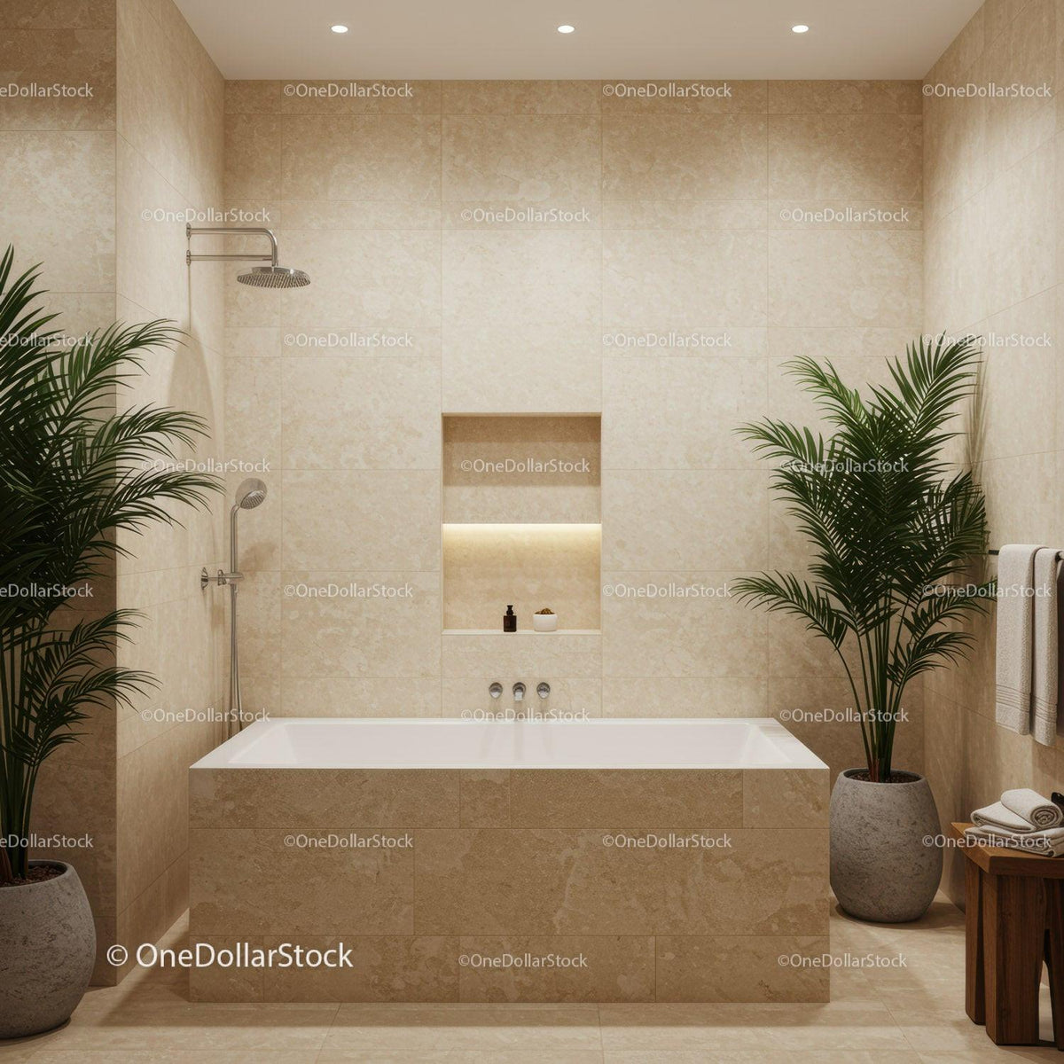Luxury Beige Tile Modern Bathroom with Greenery and Spa Bathtub