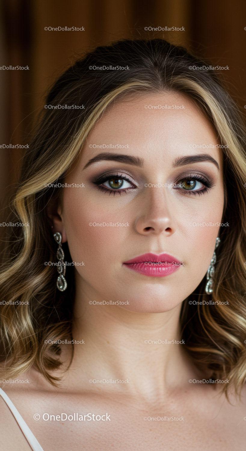 Luxurious Beauty Portrait of a Woman with Green Eyes and Pink Lipstick