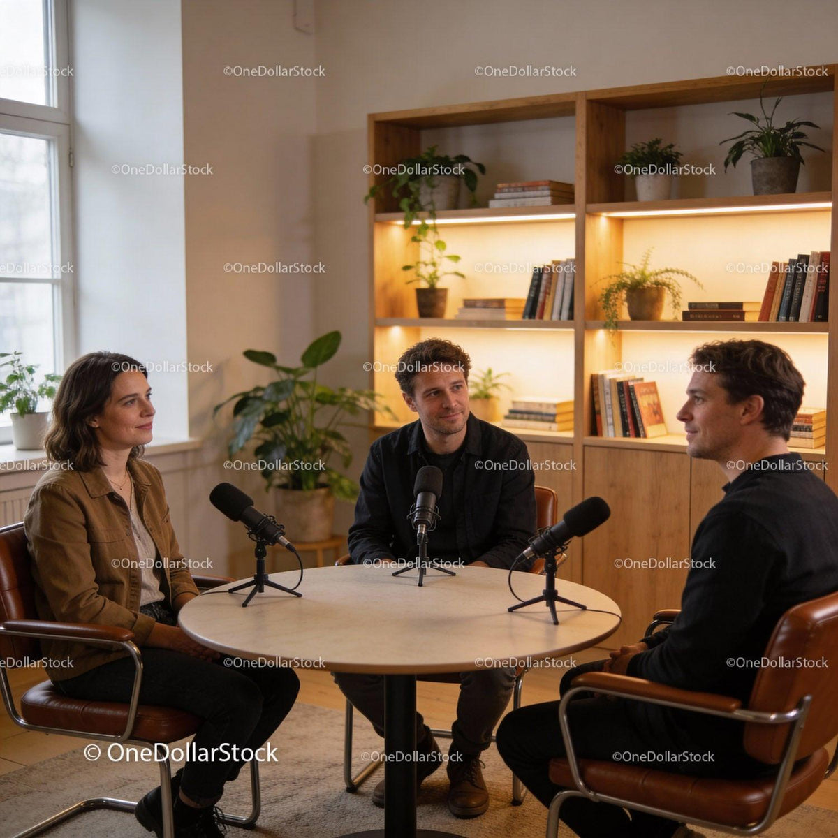 Three people having a podcast conversation at round table