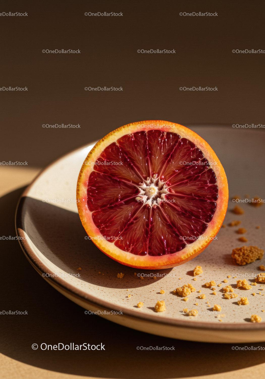 Half Blood Orange on Ceramic Plate with Crumbs