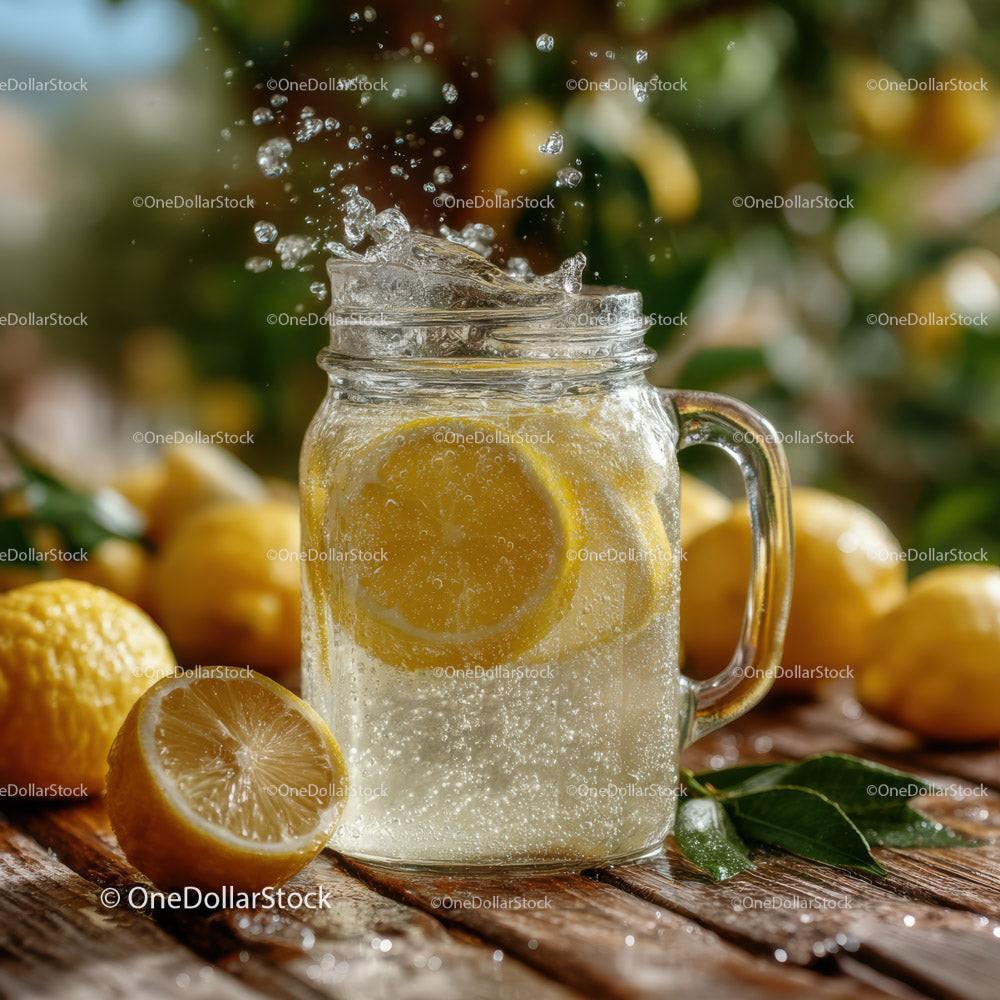 Fresh Lemonade with Sliced Lemons in a Glass Pitcher on Rustic Wooden Surface Stock Photo Bundle preview 18