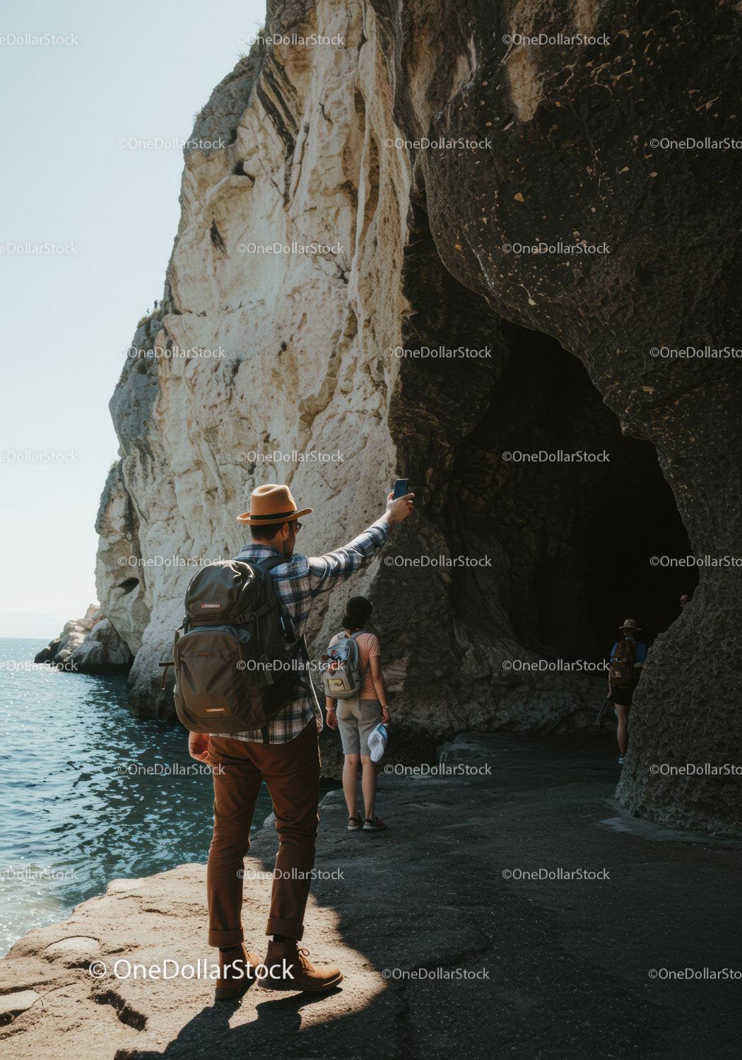 Group of Hikers Exploring Coastal Rocky Cliffs During Adventure Trip