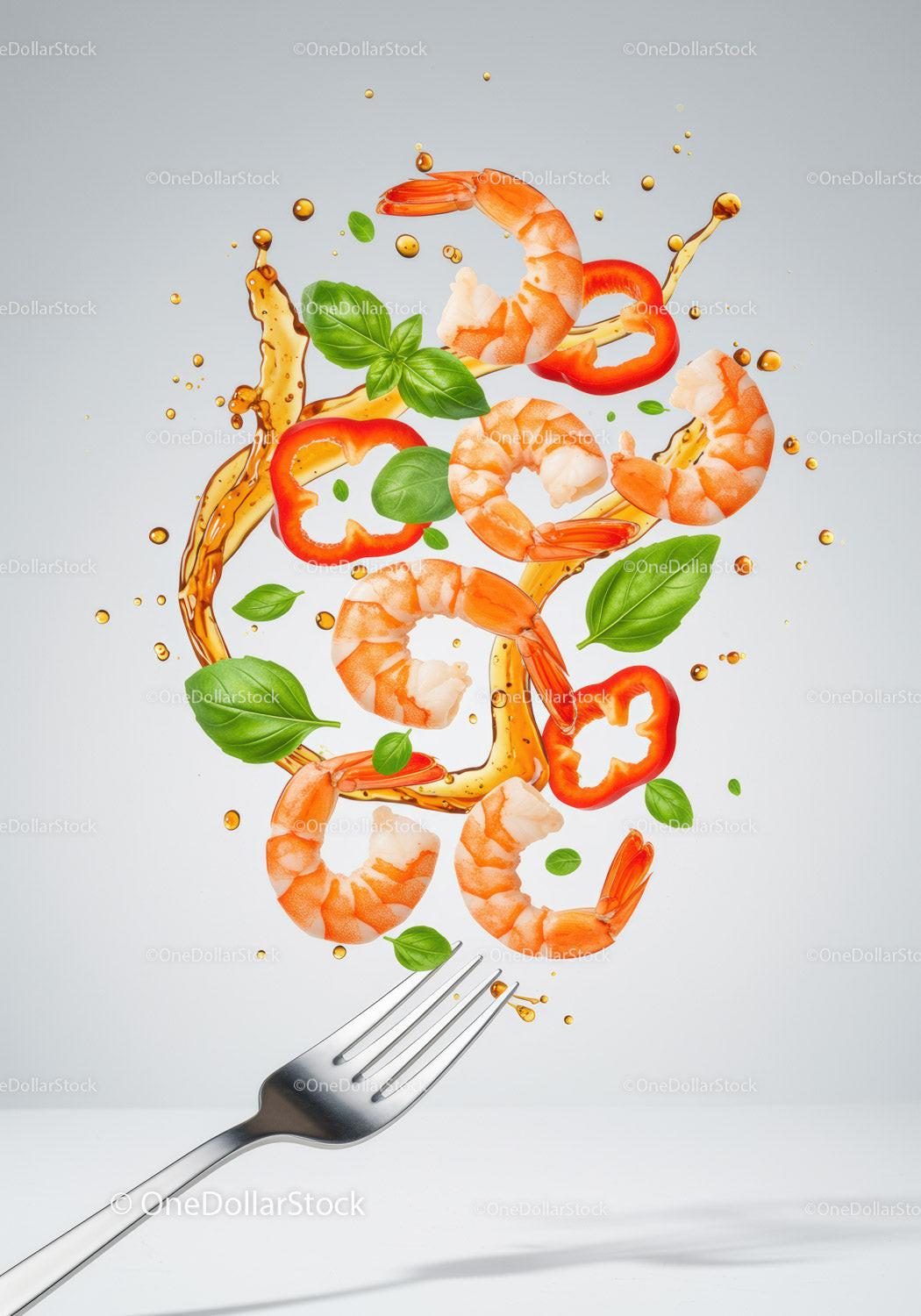 Fresh shrimp salad ingredients flying over fork