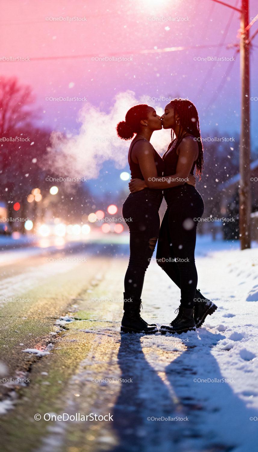 Couple sharing a tender kiss on snowy winter evening