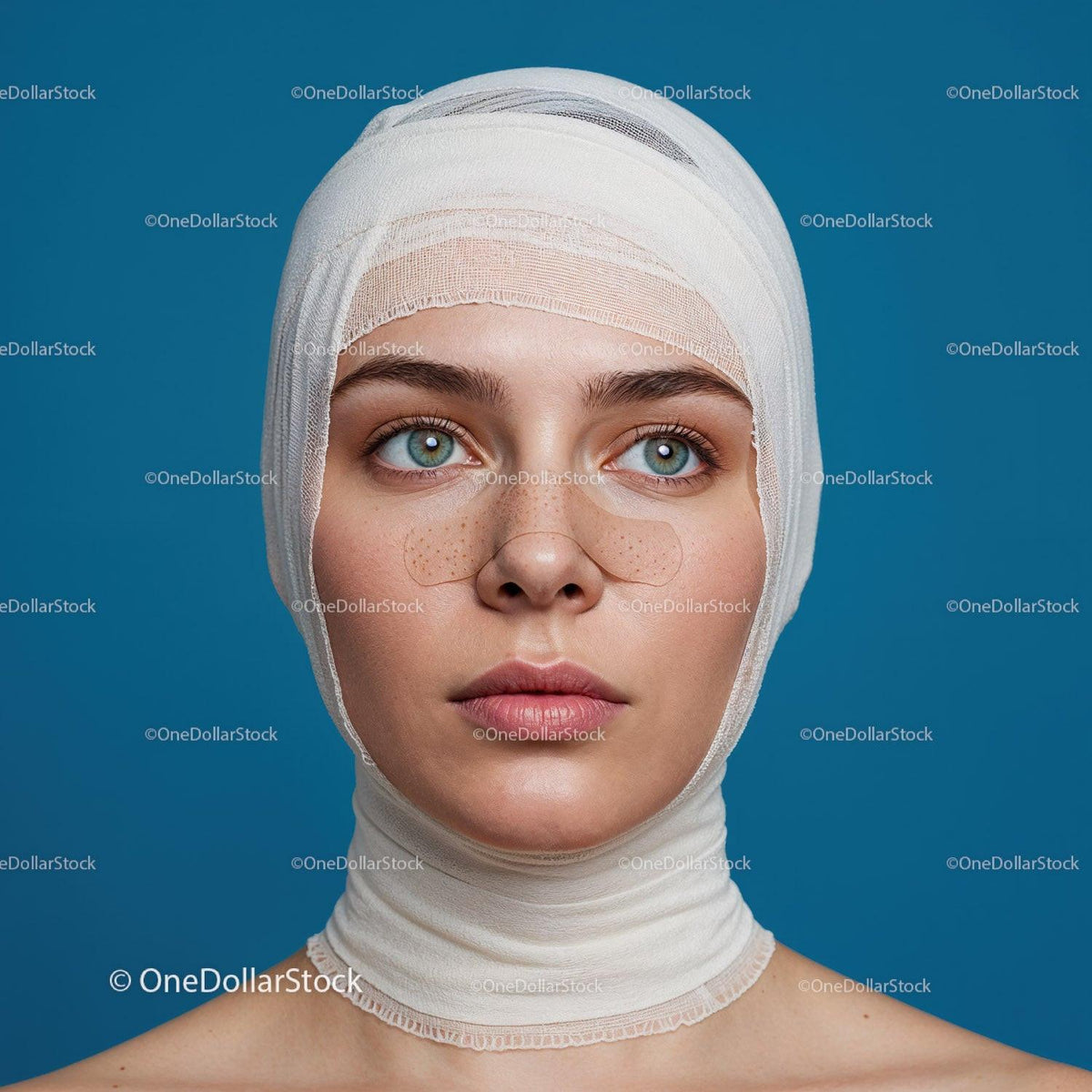 Young Woman with Bandaged Face and Nasal Splint in Medical Recovery Scene