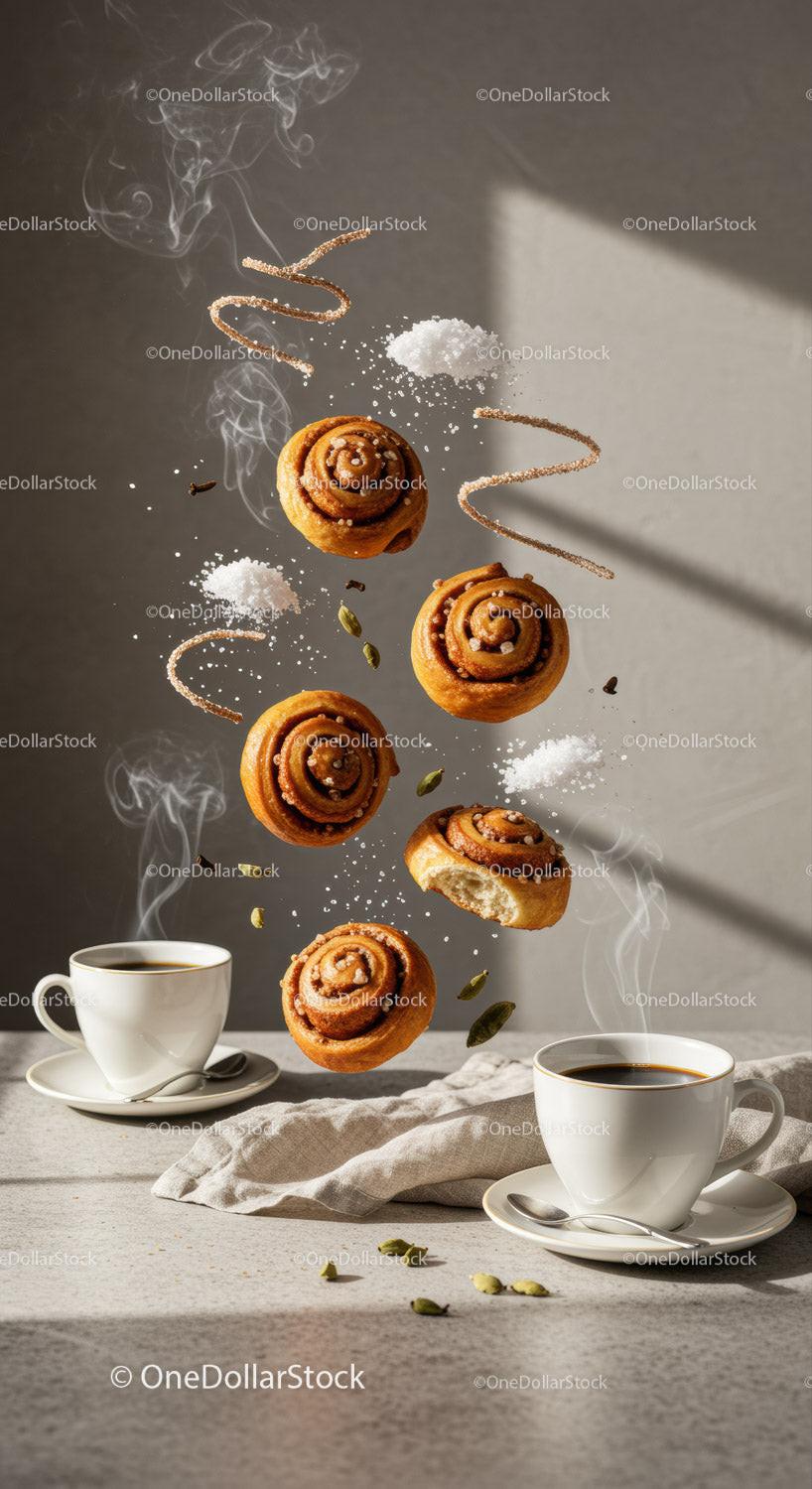Floating Cinnamon Buns and Spices with Hot Coffee Cups