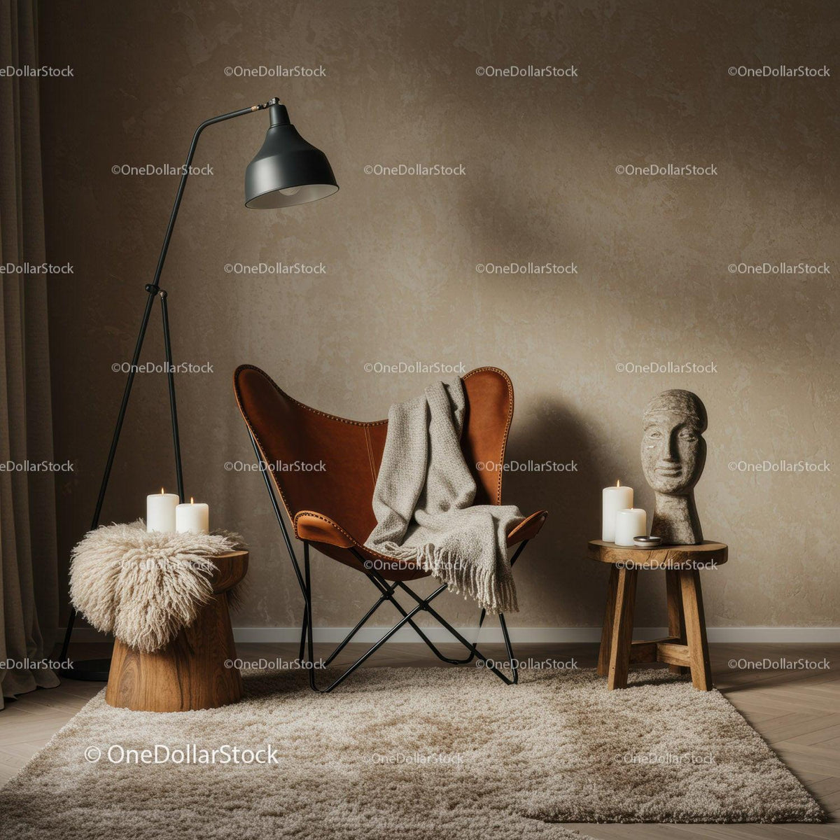 Cozy modern corner with leather chair and soft blanket