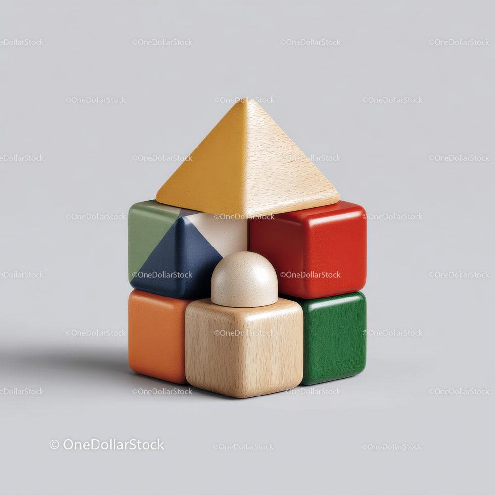 Stack of colorful wooden cubes, a wooden half-sphere, and a wooden pyramid on gray