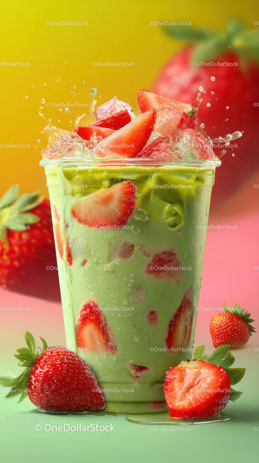 Fresh Strawberry Fruit Smoothie in Glass with Ice for Summer Refreshment