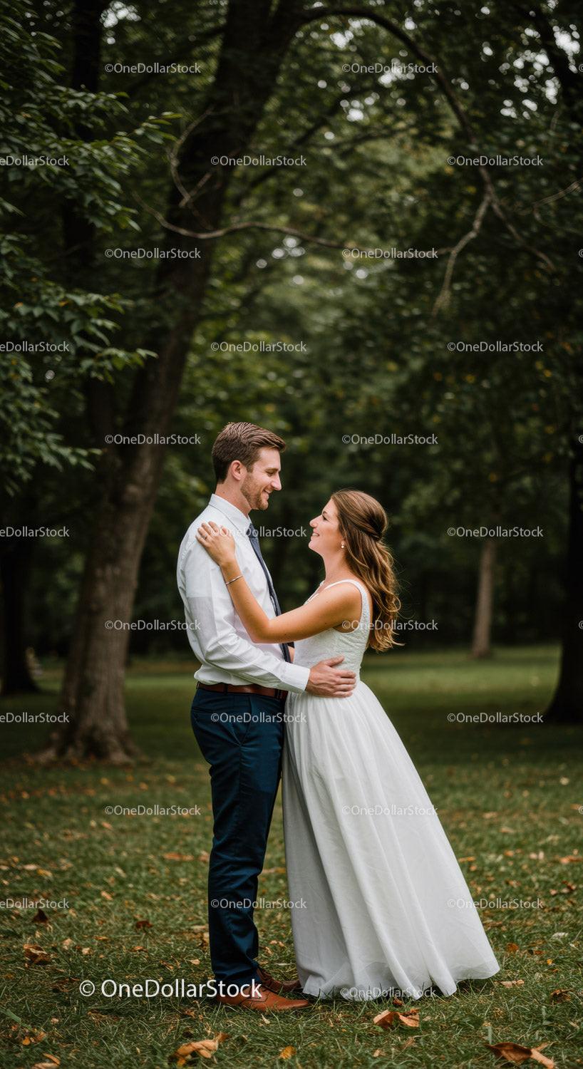 Couple Embracing in a Serene Green Park