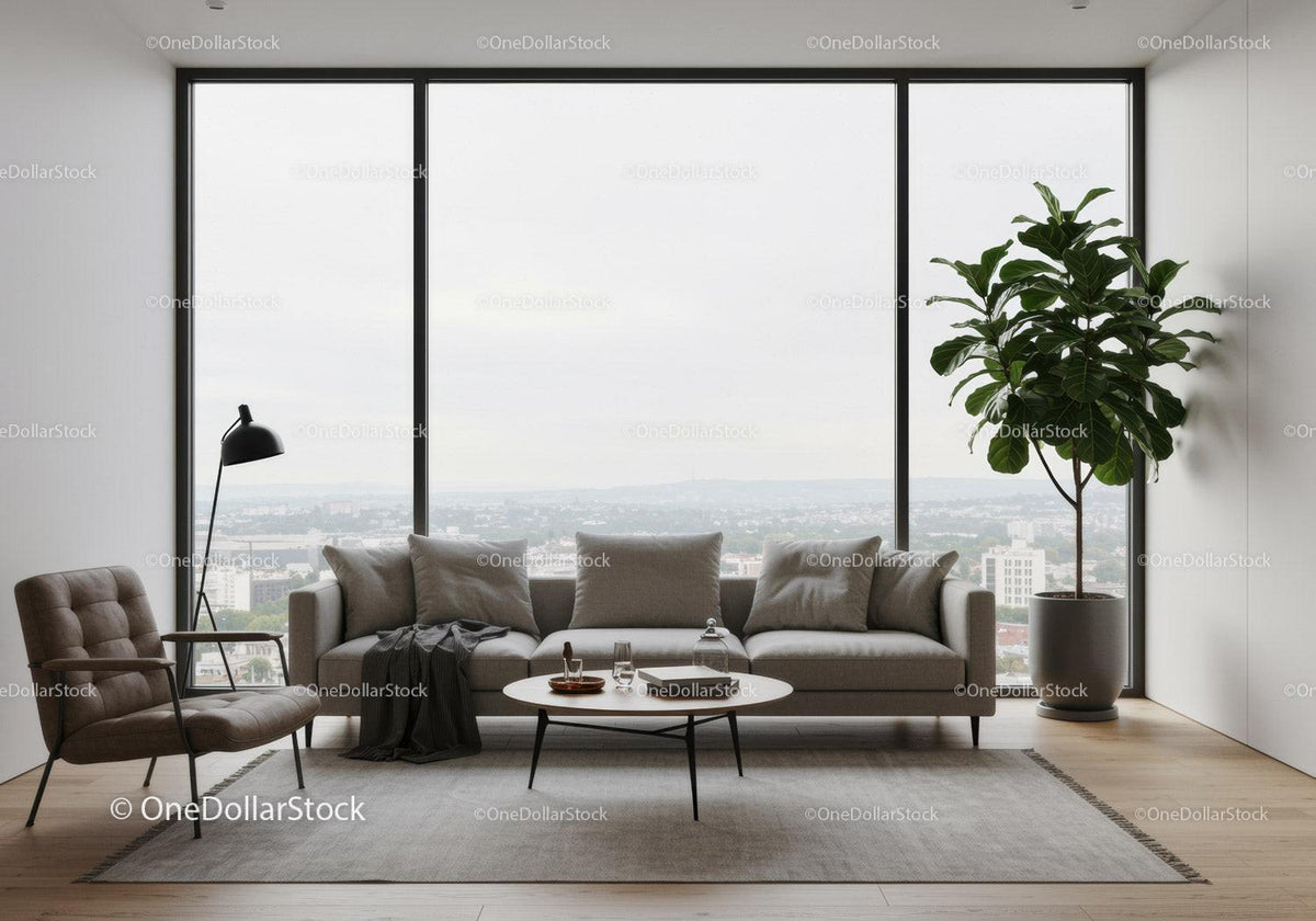 Modern Living Room with Large Window and Indoor Ficus Tree