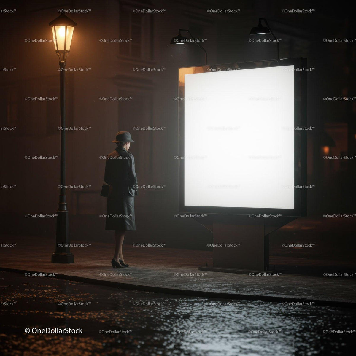 Woman in Trench Coat Standing by Illuminated Billboard at Night JPG Mockup Image preview