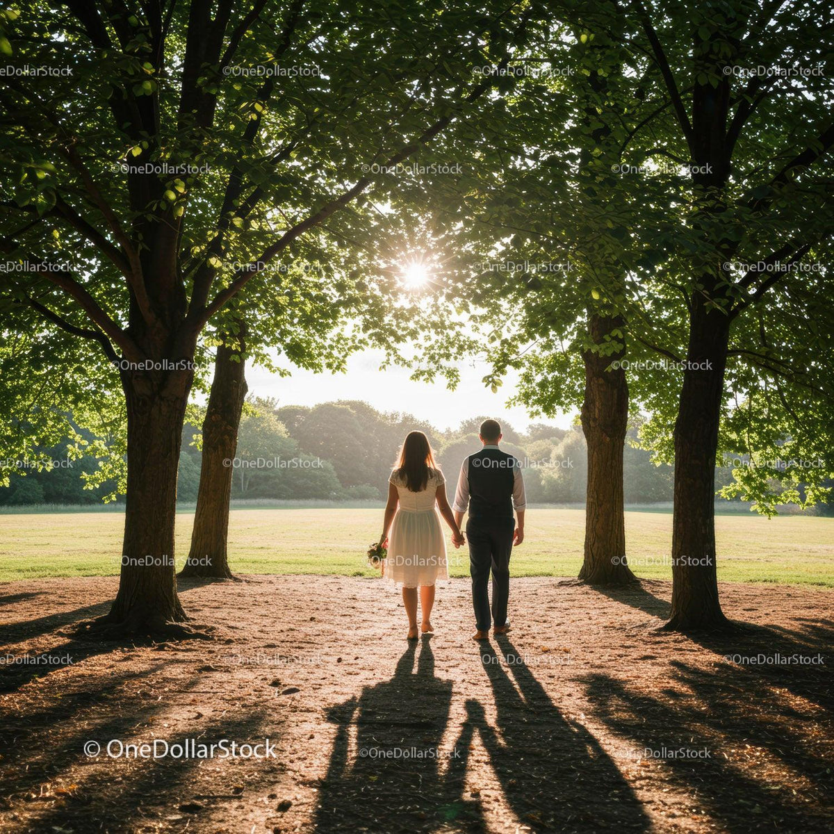 Romantic Couple Walking Hand in Hand in Scenic Park at Sunset