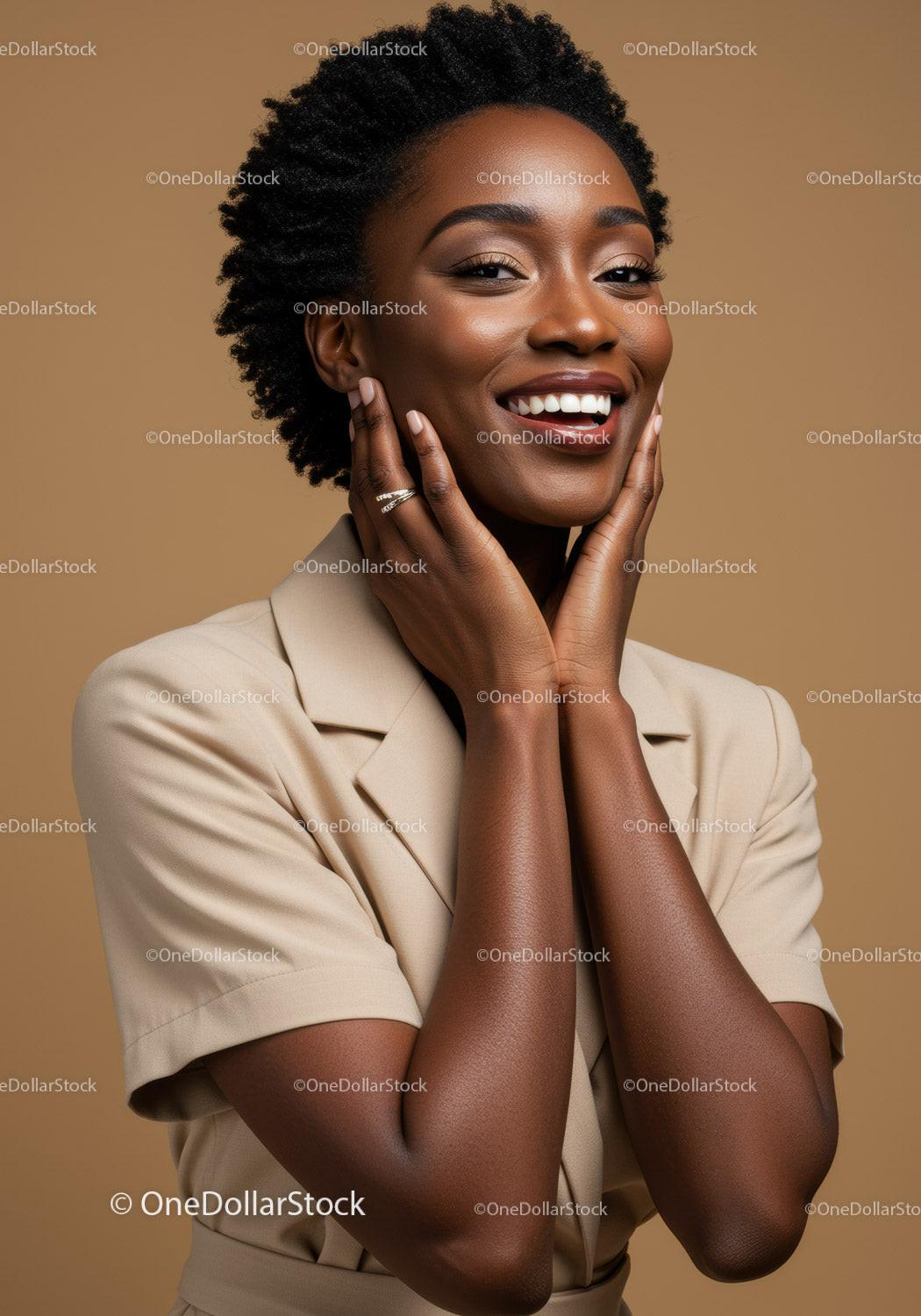 Beautiful Smiling African American Woman in Beige Blazer