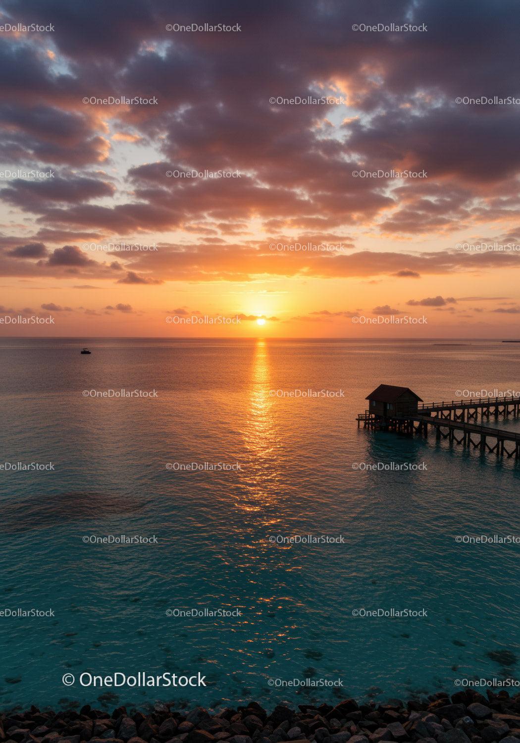 Beautiful Sunset Over Calm Ocean with Pier and Cloudy Sky