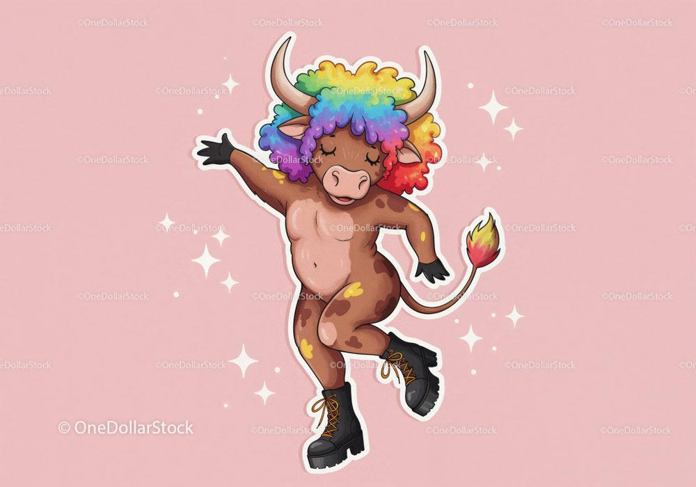 Cartoon bull with rainbow afro hair dancing wearing black boots on pink background with sparkles