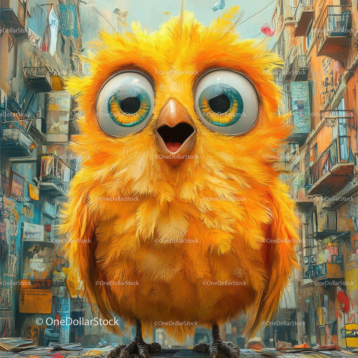 Fluffy yellow bird with large blue green eyes standing in front of urban buildings