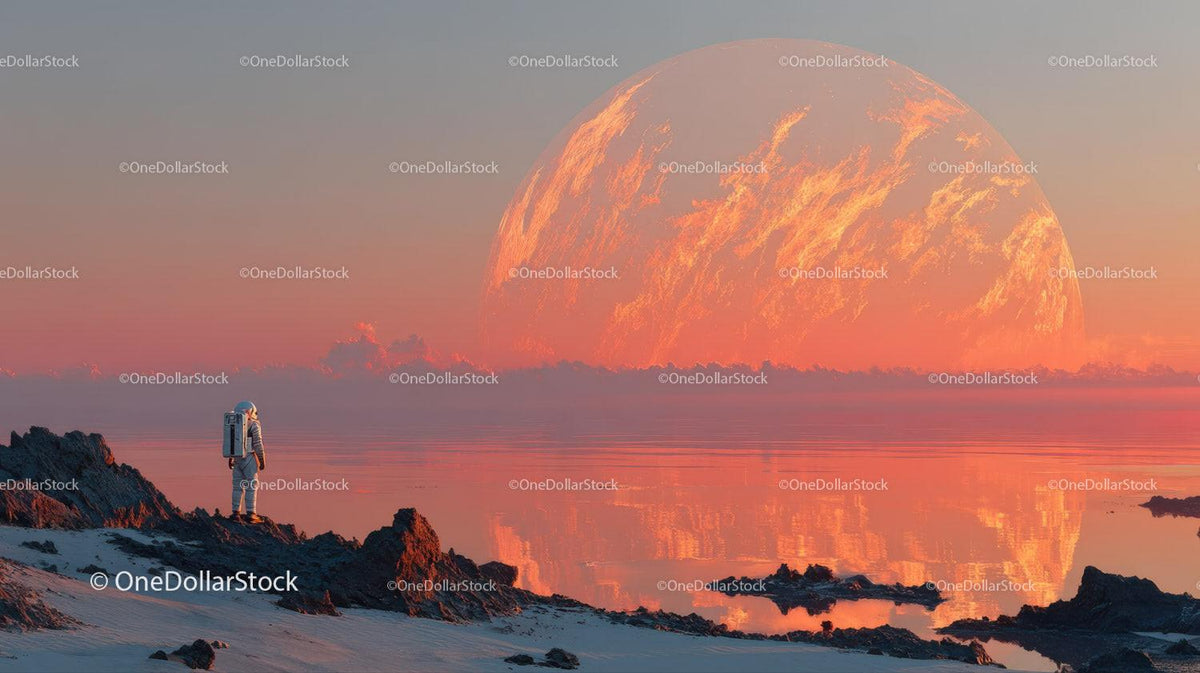 Astronaut Exploring a Surreal Alien Landscape with a Giant Orange Planet Stock Photo Bundle preview 23