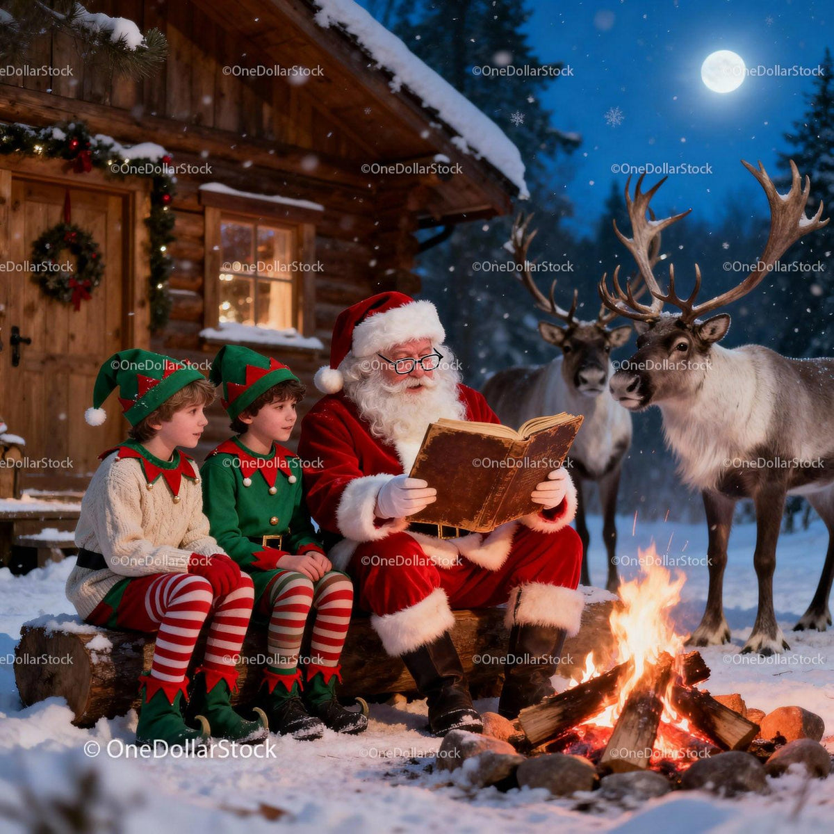 Santa Reading Story by Campfire with Elves and Reindeer