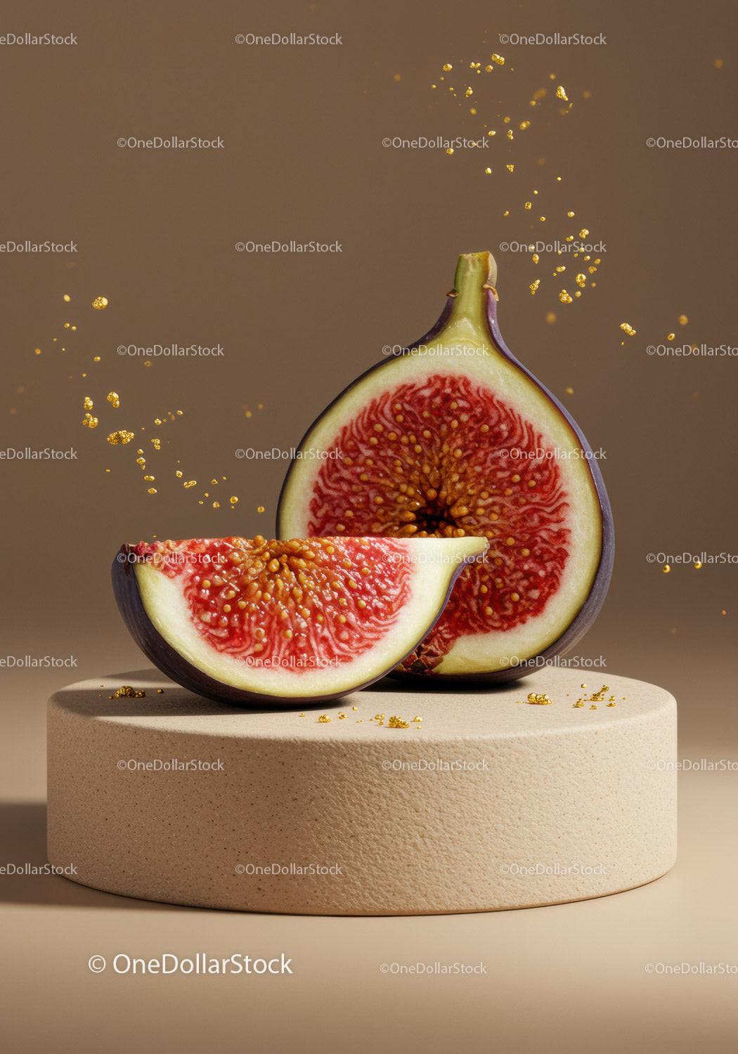 Fresh ripe fig sliced on beige textured pedestal
