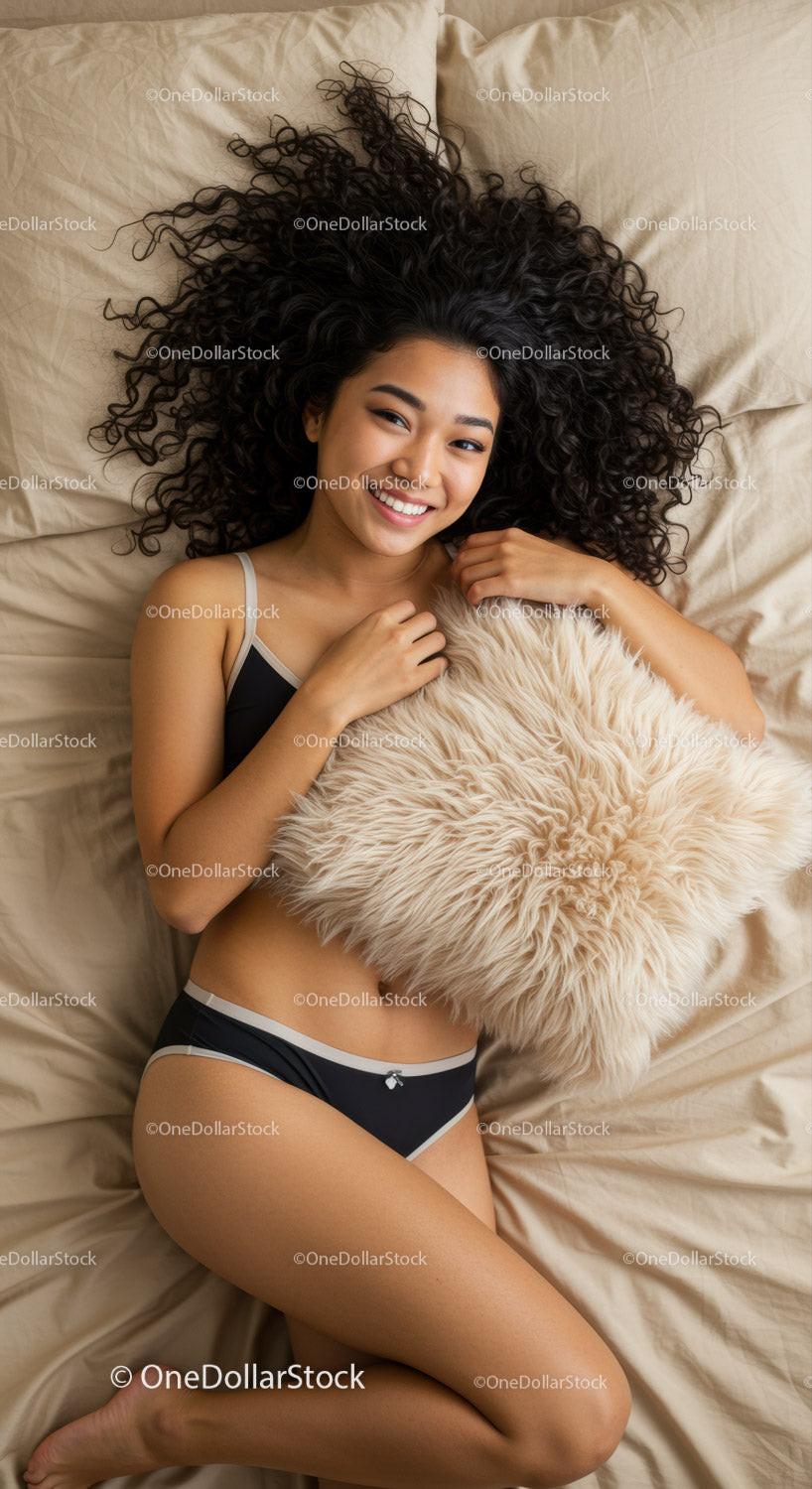 Smiling woman relaxing on bed with fluffy pillow