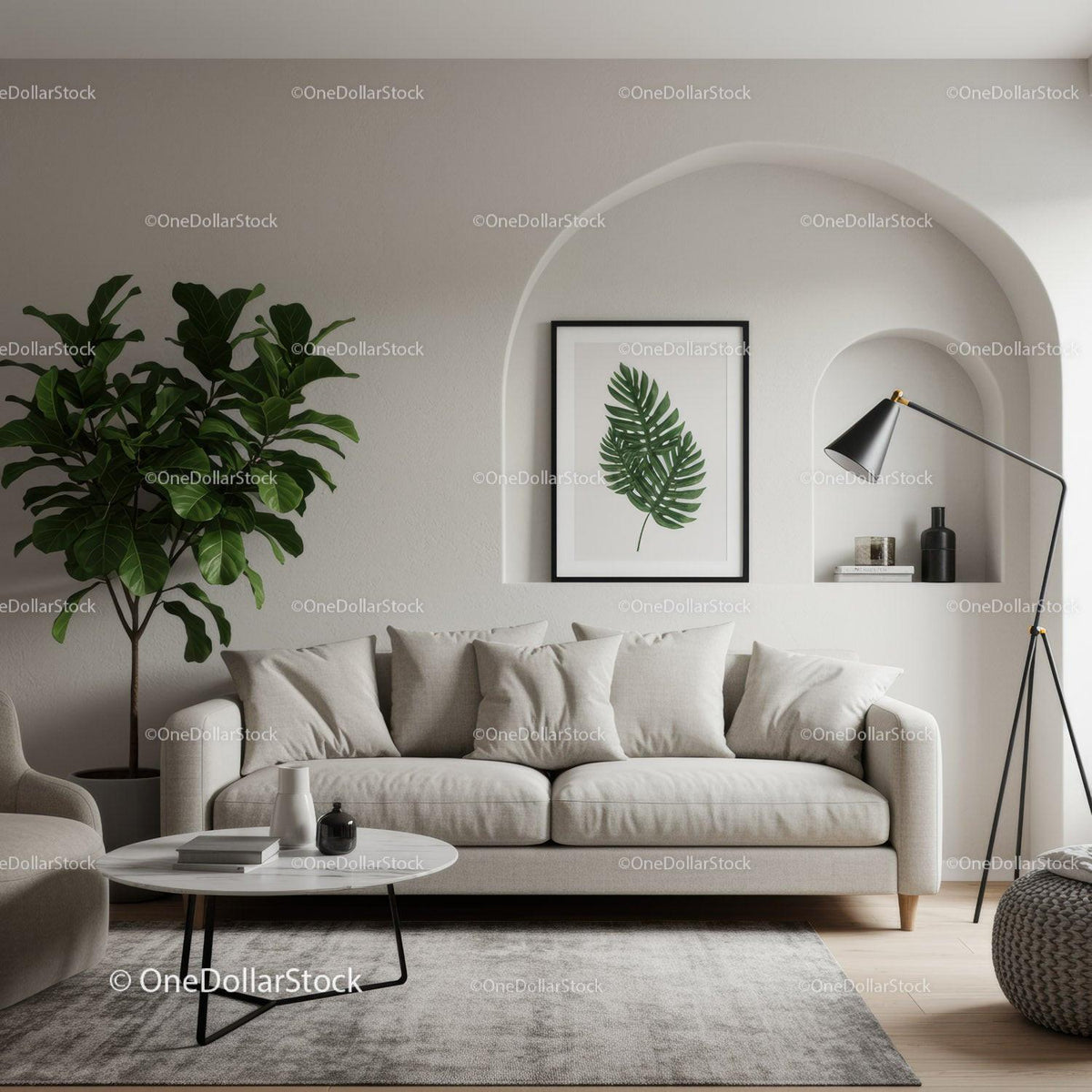 Neutral toned living room with greenery and modern décor