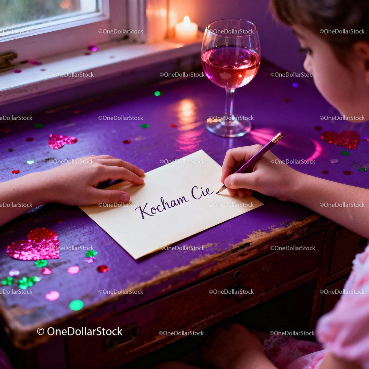 Child writing a heartfelt love note on purple desk