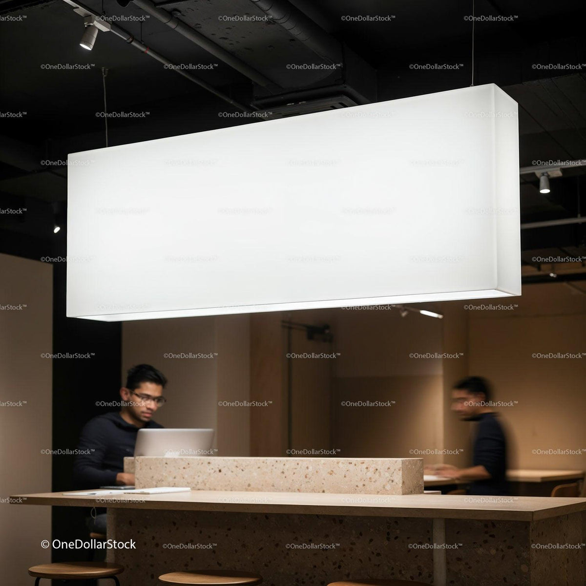 Modern workspace with focus under bright hanging light JPG Mockup Image preview