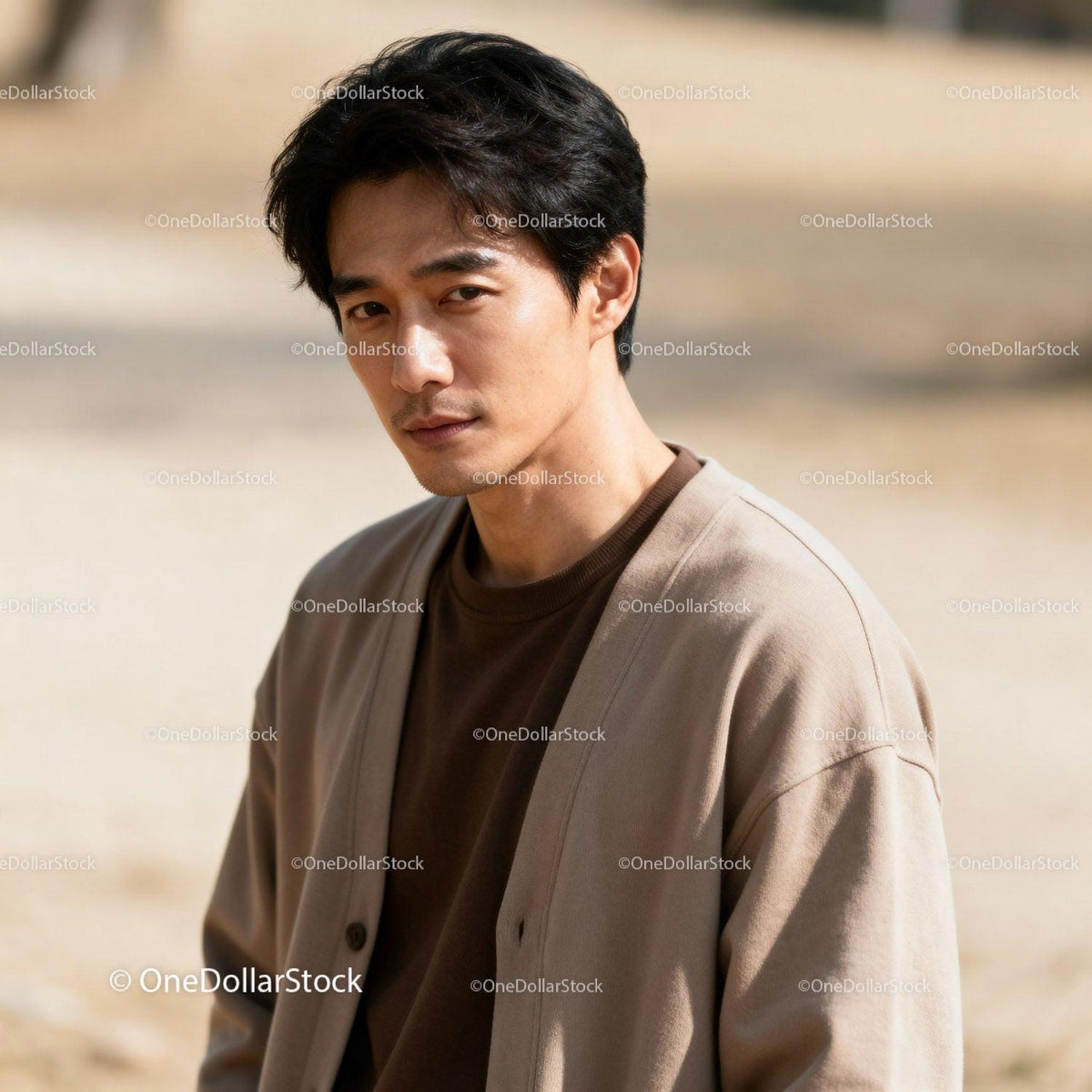Calm young man wearing casual clothes outdoors